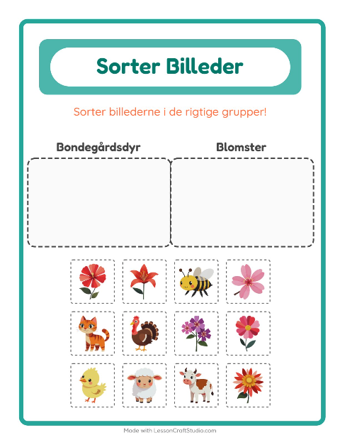 Sortér billederne: Bondegårdsdyr og Blomster