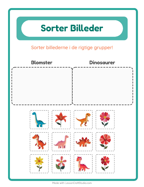 Forhåndsvisning af Sortér billederne: Blomster og Dinosaurer – opgave til børnehaveklassen