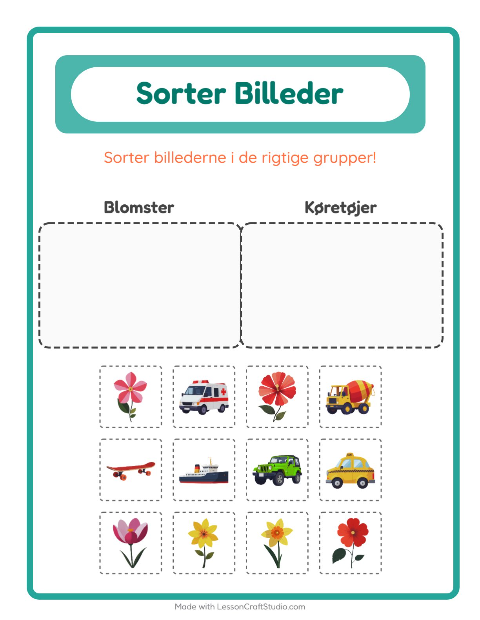 Forhåndsvisning af Sortér Billeder-arbejdsark til Børnehaveklasse