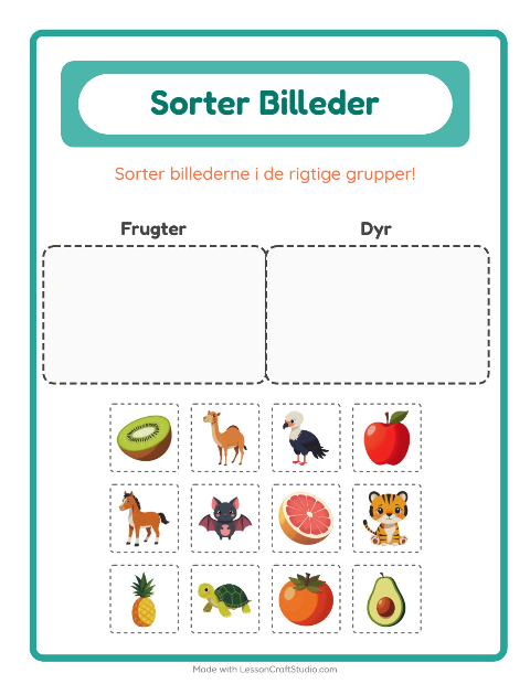 Sortér billederne: Frugter og Dyr