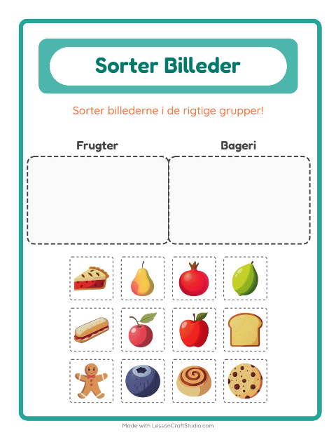 Forhåndsvisning af Sortér billederne: Frugter og Bageri – opgave til børnehaveklassen