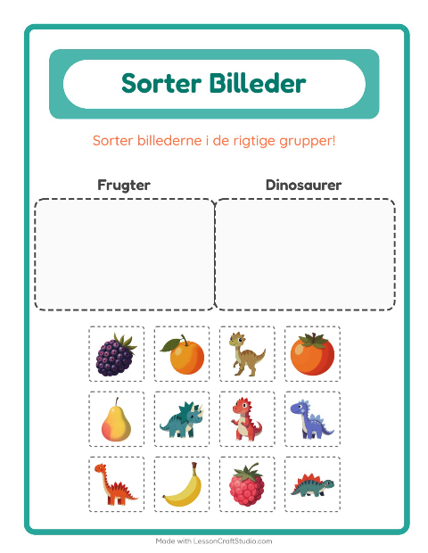 Sortér billederne: Frugter og Dinosaurer
