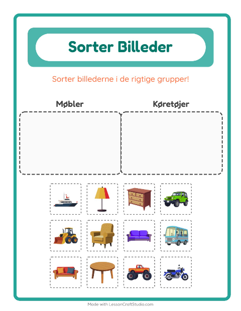 Sortér billederne: Møbler og Køretøjer