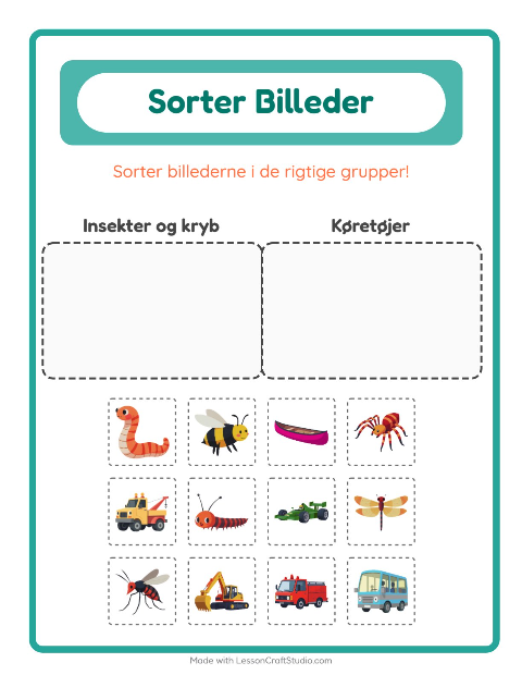 Forhåndsvisning af Sortér billederne: Insekter og kryb og Køretøjer – opgave til børnehaveklassen