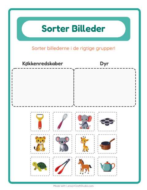 Sortér billederne: Køkkenredskaber og Dyr