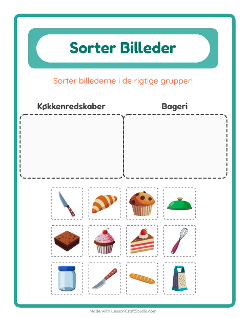 Sortér billederne: Køkkenredskaber og Bageri