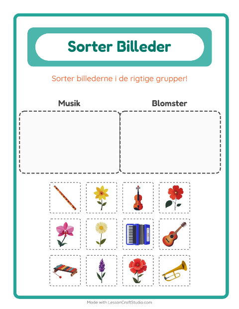 Sortér billederne: Musik og Blomster