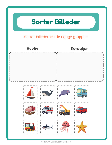 Forhåndsvisning af Sortér Billeder-arbejdsark til Børnehaveklasse