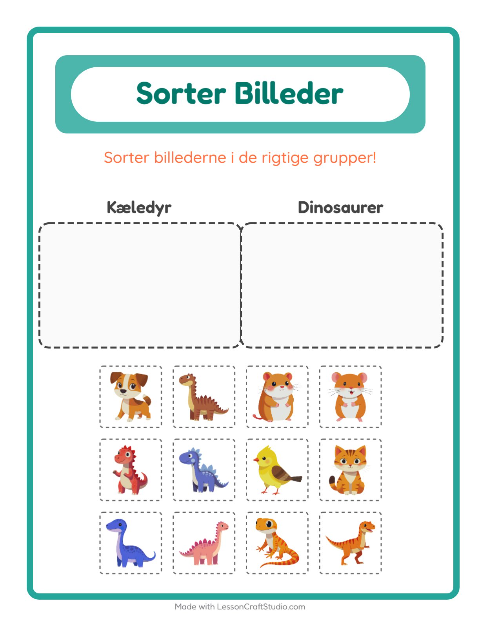 Sortér billederne: Kæledyr og Dinosaurer