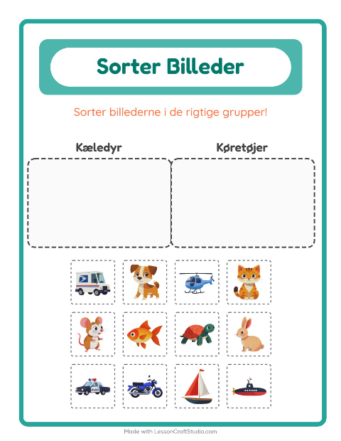 Forhåndsvisning af Sortér Billeder-arbejdsark til Børnehaveklasse