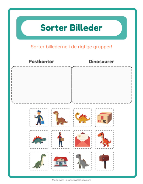 Sortér billederne: Postkontor og Dinosaurer