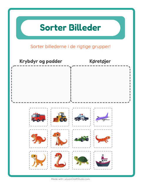 Sortér billederne: Krybdyr og padder og Køretøjer