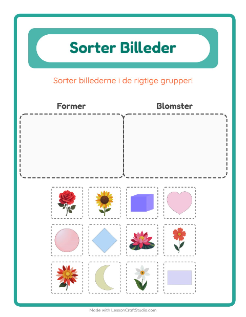 Forhåndsvisning af Sortér billederne: Former og Blomster – opgave til børnehaveklassen