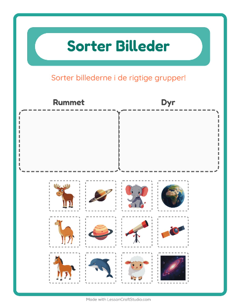 Sortér billederne: Rummet og Dyr – opgave til børnehaveklassen — 2