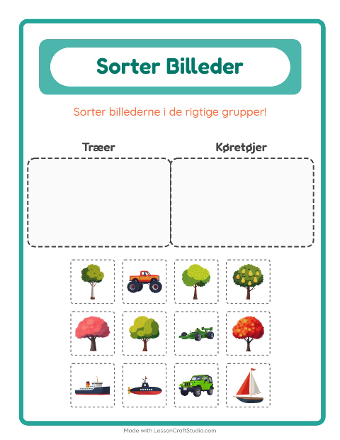 Forhåndsvisning af Sortér billederne: Træer og Køretøjer – opgave til børnehaveklassen