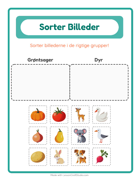 Sortér billederne: Grøntsager og Dyr