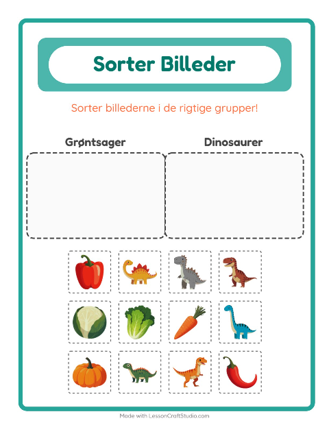Sortér billederne: Grøntsager og Dinosaurer