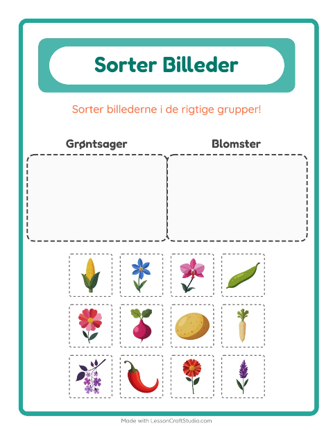 Sortér billederne: Grøntsager og Blomster