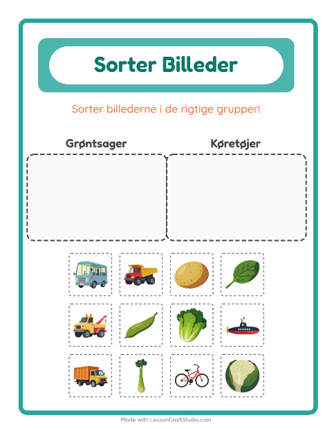 Sortér billederne: Grøntsager og Køretøjer