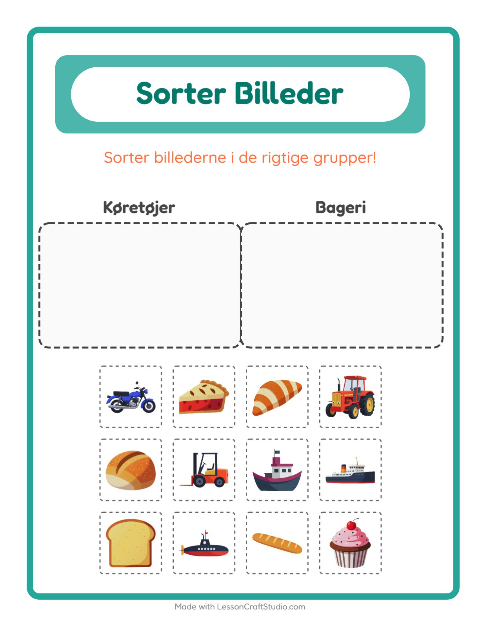 Forhåndsvisning af Sortér billederne: Køretøjer og Bageri – opgave til børnehaveklassen