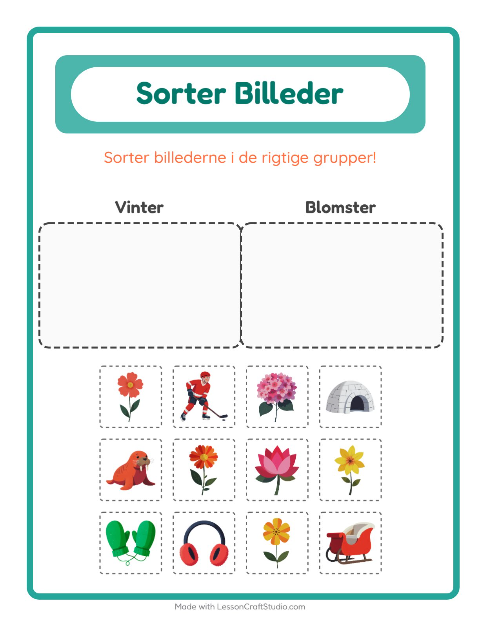 Forhåndsvisning af Sortér billederne: Vinter og Blomster – opgave til børnehaveklassen