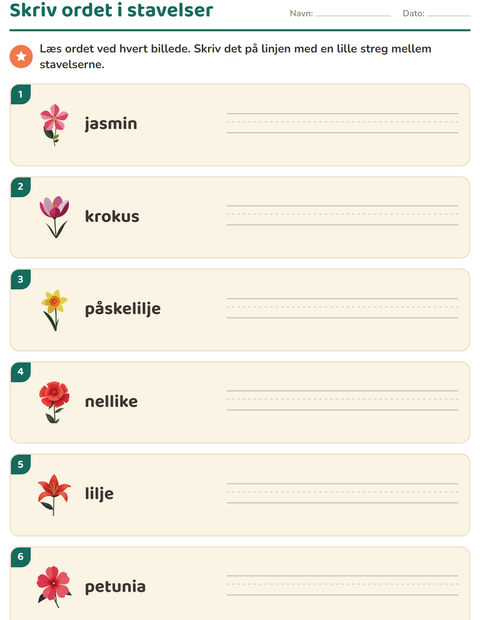 Forhåndsvisning af Stavelser-arbejdsark med Blomster til 1. klasse