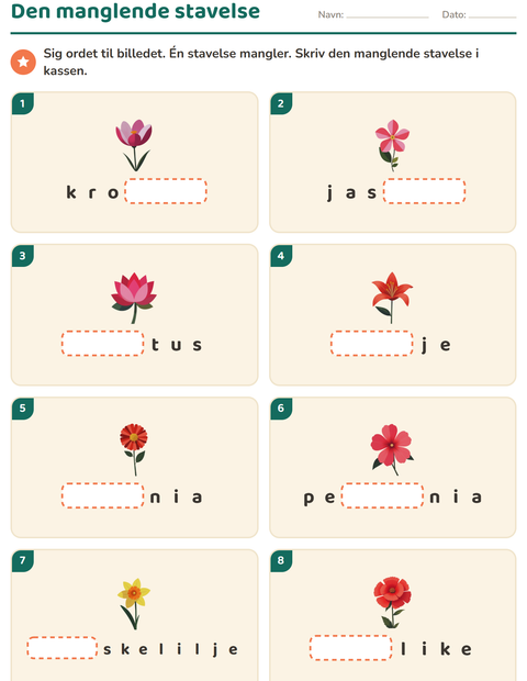 Forhåndsvisning af Stavelser-arbejdsark med Blomster til 1. klasse