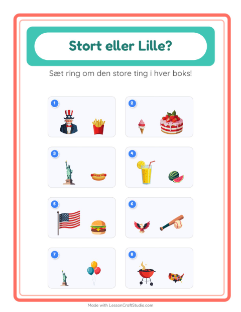 Forhåndsvisning af Stor Eller Lille-arbejdsark med 4. juli til Børnehave