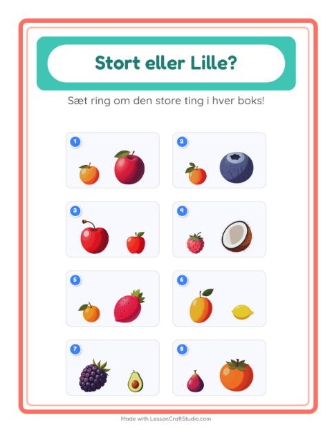 Forhåndsvisning af Størst og mindst: frugter – opgave til børnehaveklassen