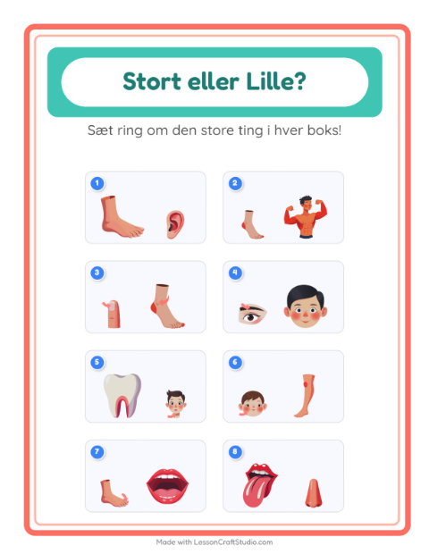 Forhåndsvisning af Stor Eller Lille-arbejdsark med Kropsdele til Børnehave