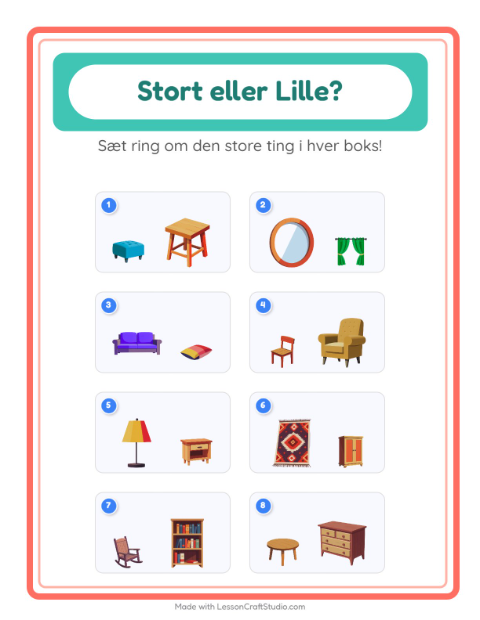 Forhåndsvisning af Stor Eller Lille-arbejdsark med Møbler til Børnehave