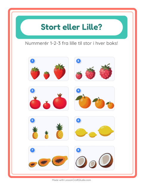 Forhåndsvisning af Sortér efter størrelse: frugter – opgave til børnehaveklassen