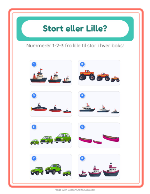 Forhåndsvisning af Sortér efter størrelse: køretøjer – opgave til børnehaveklassen
