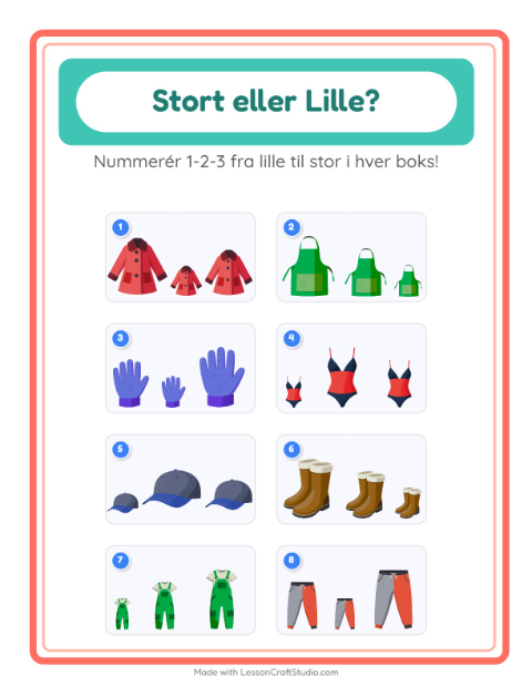 Forhåndsvisning af Stor Eller Lille-arbejdsark med Tøj til Børnehave