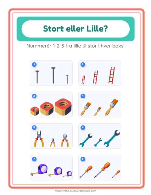 Forhåndsvisning af Stor Eller Lille-arbejdsark med Værktøj til Børnehave