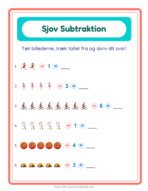 Forhåndsvisning af Subtraktion-arbejdsark med Aktiviteter til Børnehaveklasse