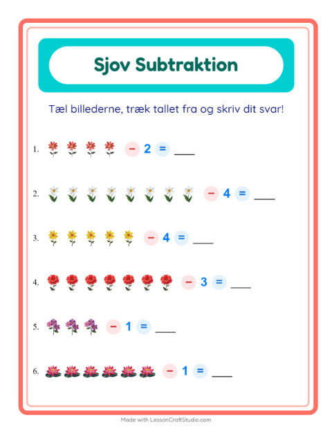 Forhåndsvisning af Subtraktion-arbejdsark med Blomster til Børnehaveklasse