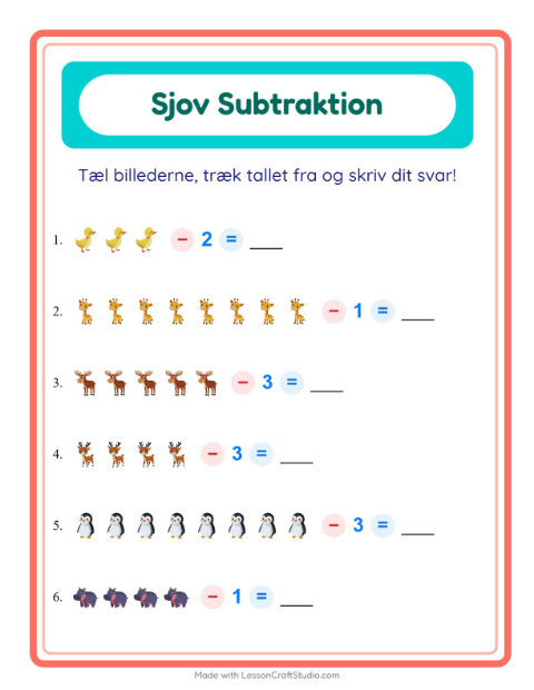Forhåndsvisning af Subtraktion-arbejdsark med Dyr til Børnehaveklasse