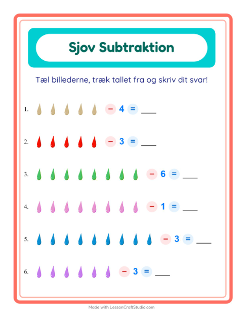 Forhåndsvisning af Subtraktion-arbejdsark med Farver til Børnehaveklasse