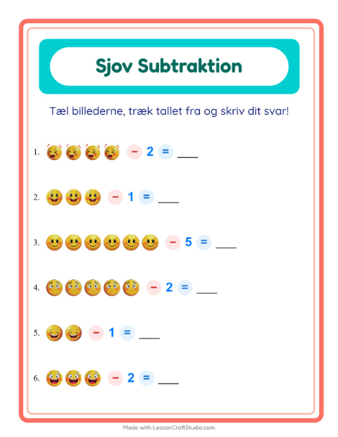 Forhåndsvisning af Subtraktion-arbejdsark med Følelser til Børnehaveklasse
