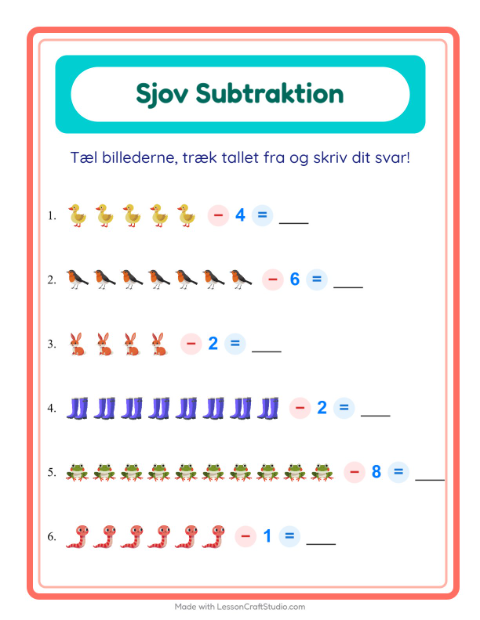Forhåndsvisning af Subtraktion-arbejdsark med Forår til Børnehaveklasse