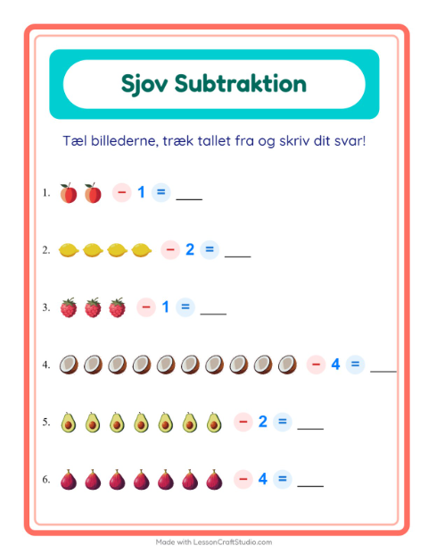 Forhåndsvisning af Minus til 10 med billeder og tal: frugter – opgaver til 1. klasse
