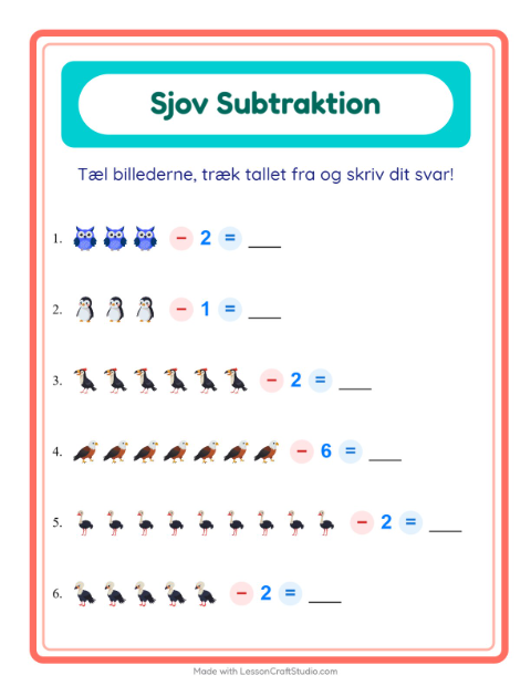 Forhåndsvisning af Minus til 10 med billeder og tal: fugle – opgaver til 1. klasse
