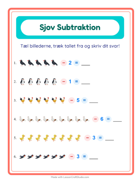 Forhåndsvisning af Subtraktion-arbejdsark med Fugle 2 til Børnehaveklasse