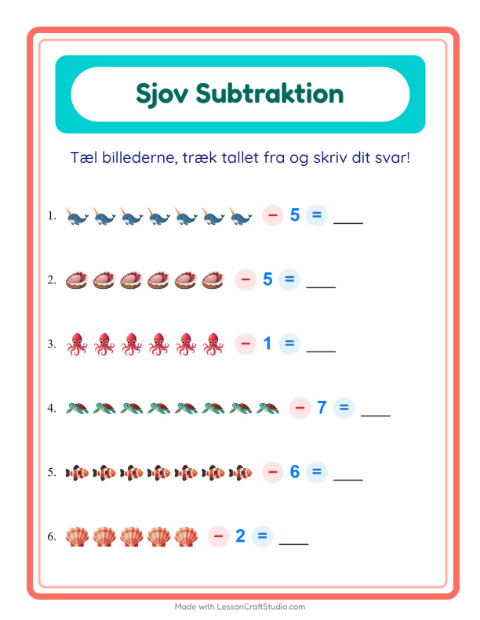 Forhåndsvisning af Subtraktion-arbejdsark med Havliv til Børnehaveklasse