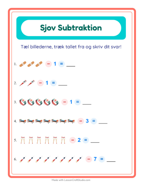 Forhåndsvisning af Subtraktion-arbejdsark med Hospital til Børnehaveklasse