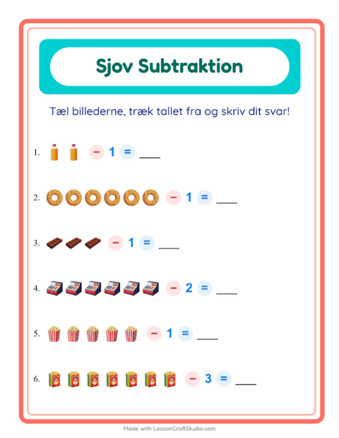 Forhåndsvisning af Subtraktion-arbejdsark med I supermarkedet til Børnehaveklasse