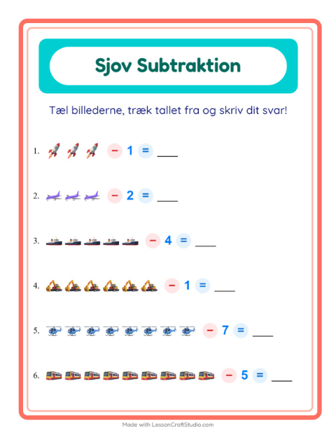 Forhåndsvisning af Subtraktion-arbejdsark med Køretøjer til Børnehaveklasse