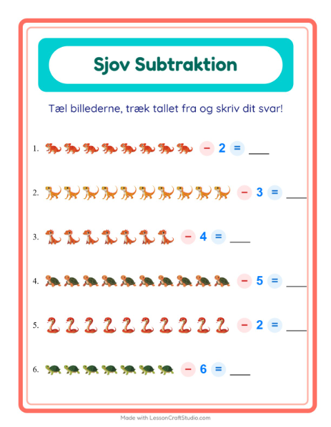 Forhåndsvisning af Subtraktion-arbejdsark med Krybdyr og padder til Børnehaveklasse