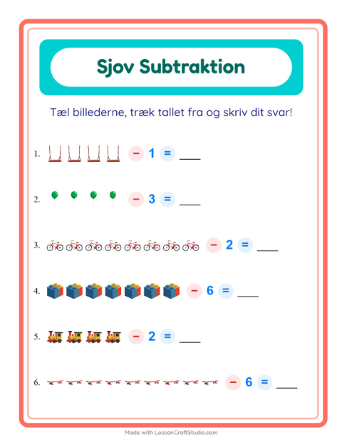 Forhåndsvisning af Minus til 10 med billeder og tal: legesager – opgaver til 1. klasse